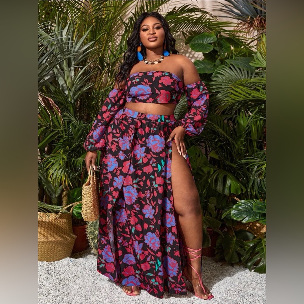 Floral Off The Shoulder Top & Split Thigh Skirt Set